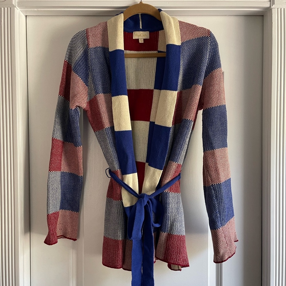 ModCloth Plaid Tie Front Cardigan, Large